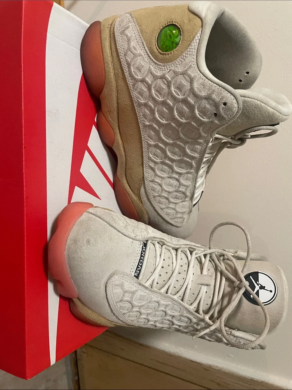 Jordan Men's High-Top Sneakers in Beige Suede with Orange Sole